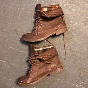 Brown and plaid fold over boots
